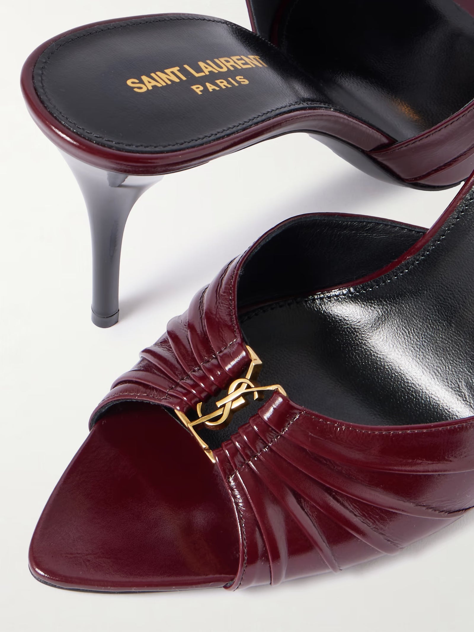 SAINT LAURENT Babylone embellished gathered glossed leather Tipped Slingback Pumps Woman Y5316-2 Burgundy - 5